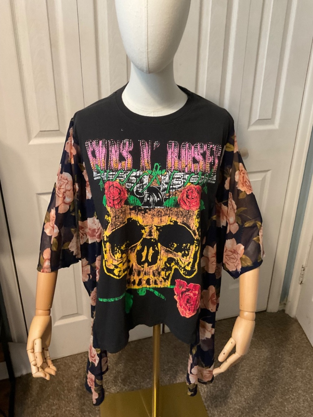 Guns N' Roses Upcycled Bling Graphic T-Shirt with Flowy Flower Sleeves - OSFM